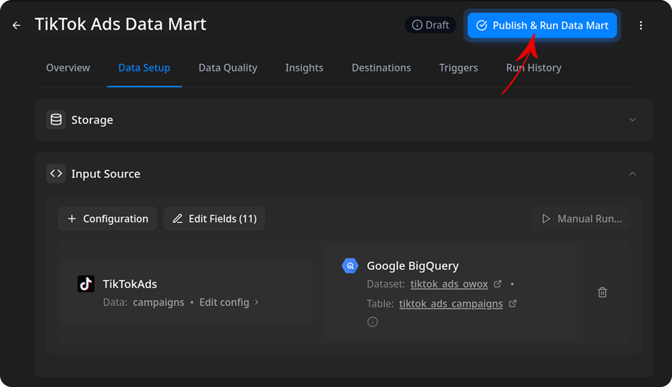 TikTok Ads Data Mart with the Publish & Run Data Mart button highlighted
