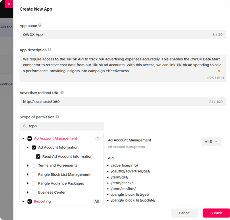 TikTok Create New App form with app name, description, redirect URL, and permission scopes
