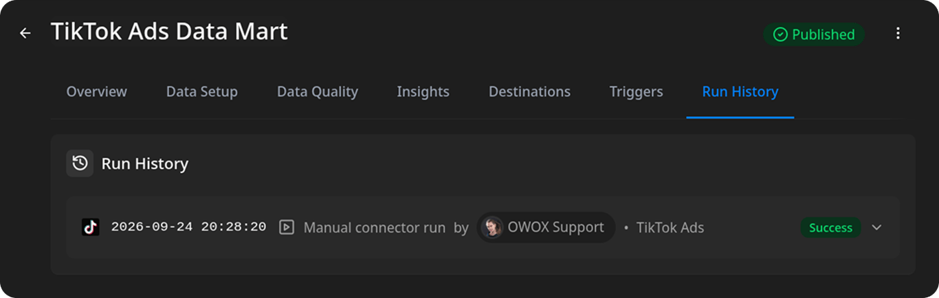 Run history tab showing a successful TikTok Ads import