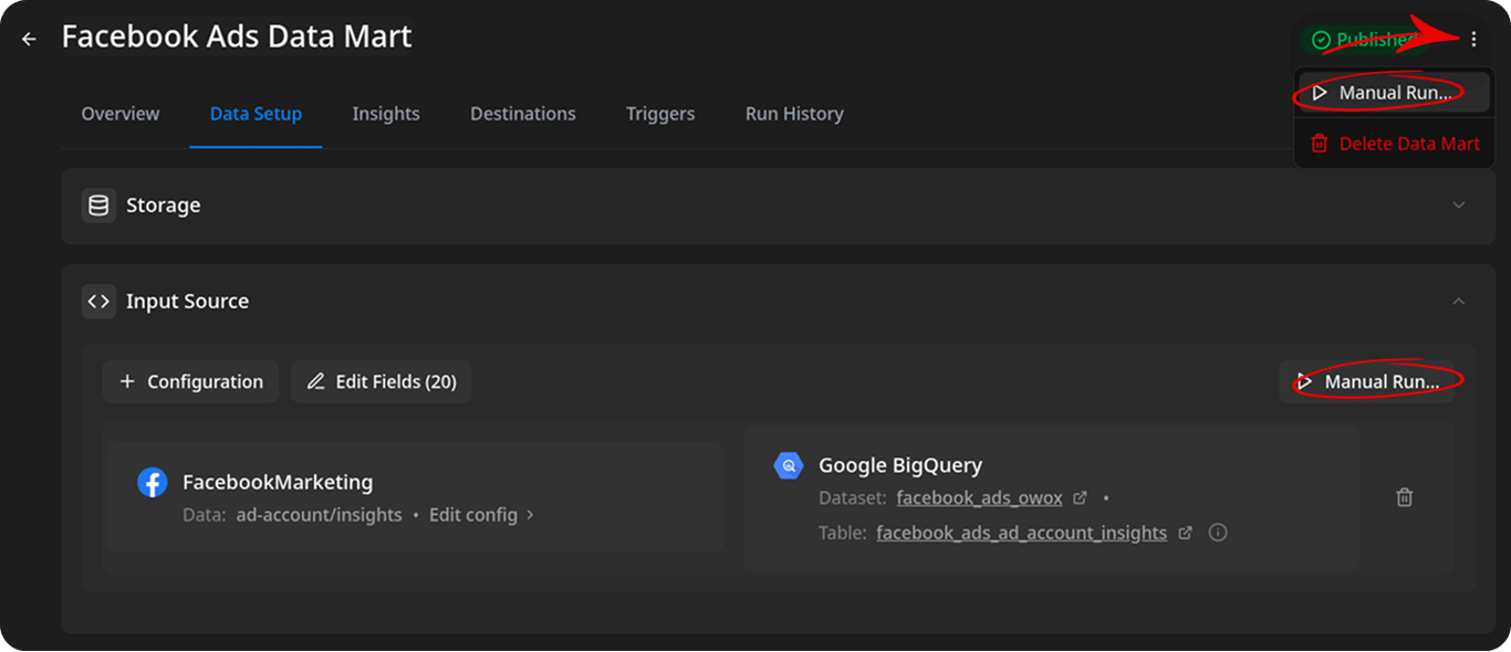 Manual run menu showing the Incremental load option