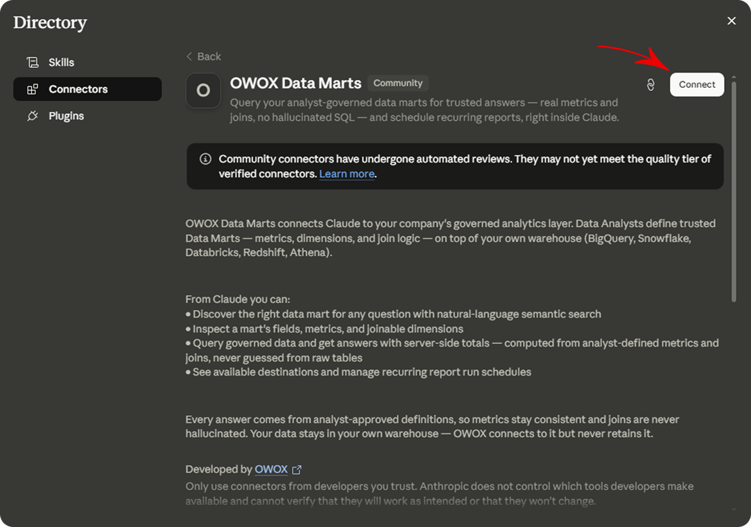 OWOX Data Marts connector page in Claude's connector directory, with an arrow pointing to the Connect button