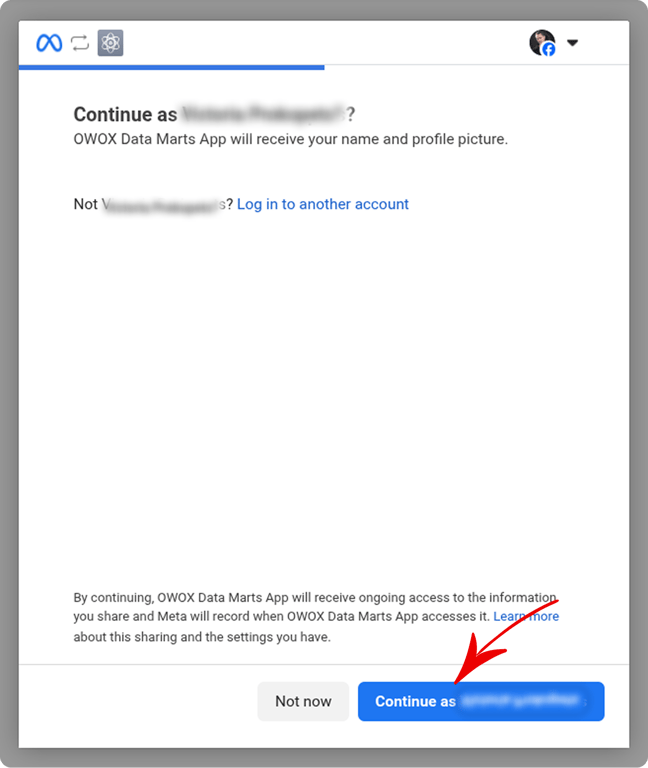 Facebook authorization dialog in the browser with the Continue and Save buttons