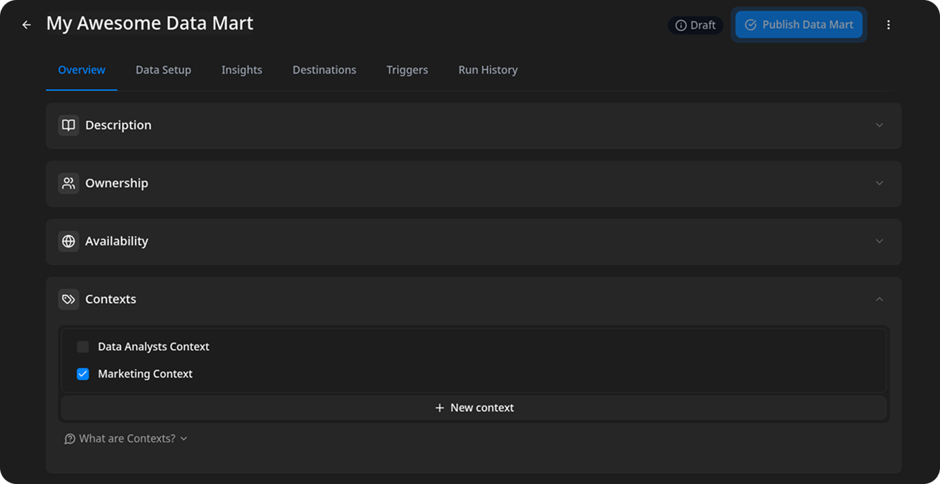 Data Marts list showing context badges on each row and a context filter dropdown in the toolbar