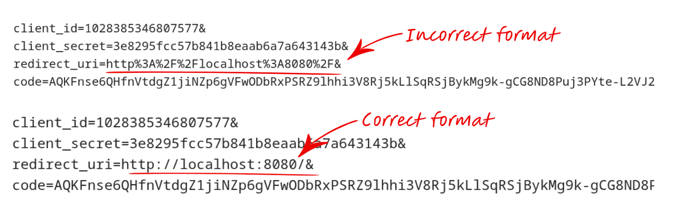 API client request highlighting the correctly formatted redirect_uri value http://localhost/