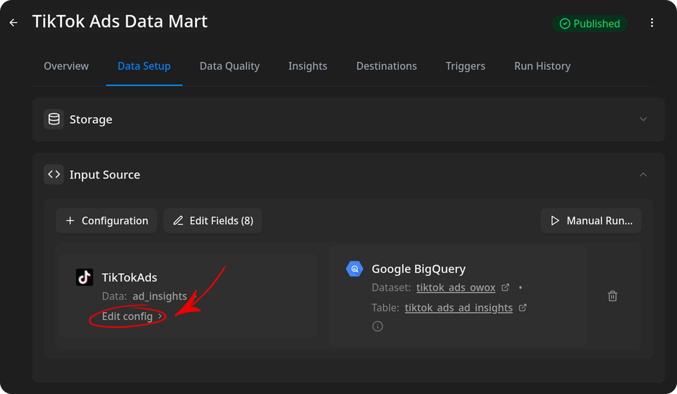 TikTok Ads Data Mart page with the Edit config link highlighted