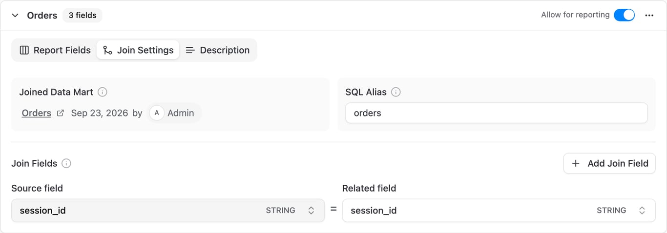 Join Settings tab with the joined Data Mart card, SQL Alias, and Join Fields