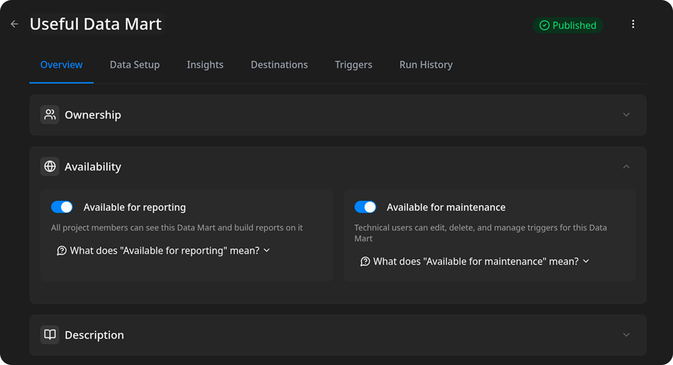 Resource settings page with the Available for reporting and Available for maintenance toggles