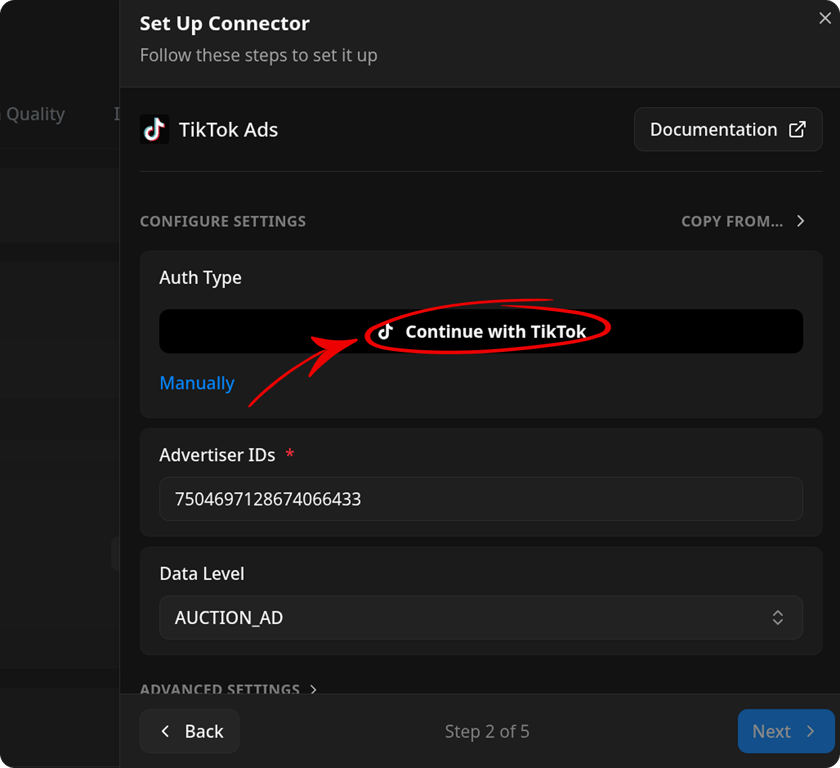 Set Up Connector panel with the Continue with TikTok button highlighted
