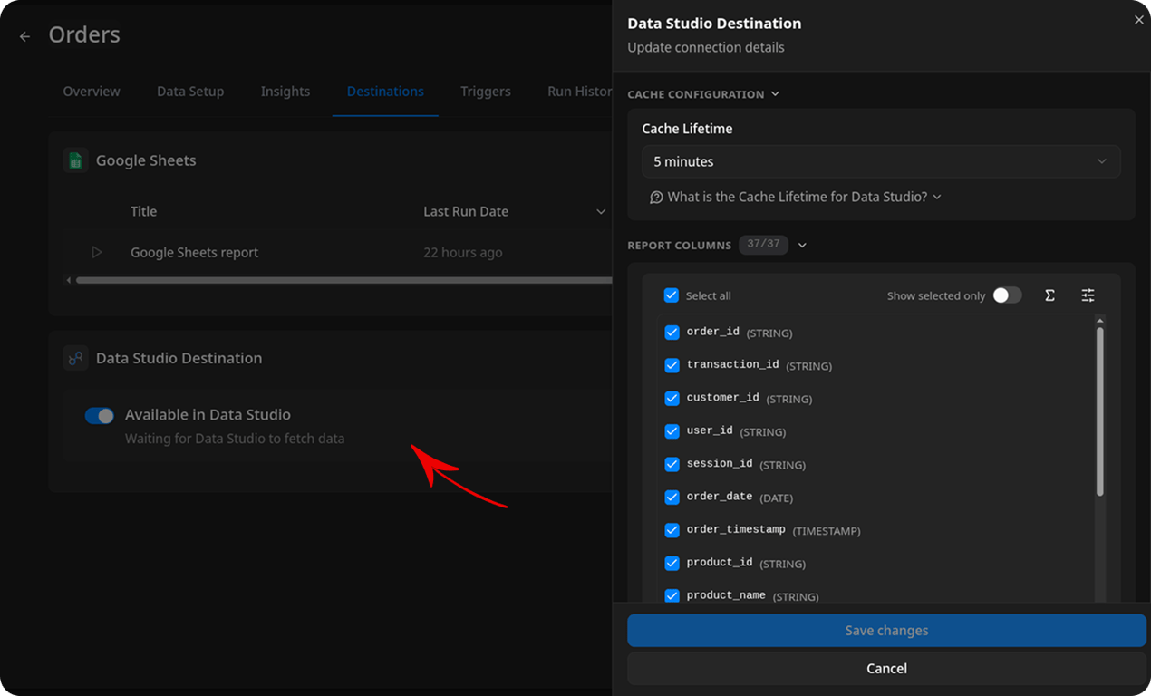 Data Studio Destination configuration panel showing the Cache Lifetime setting and a Report Columns list with checkboxes for native and joined fields included in the report