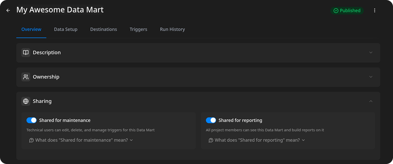 Resource settings page with the Shared for reporting and Shared for maintenance toggles