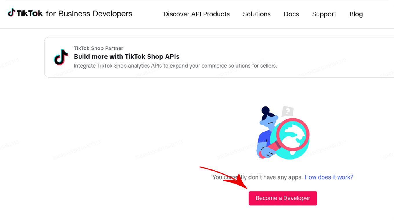 TikTok for Business developer portal with the Become a Developer button