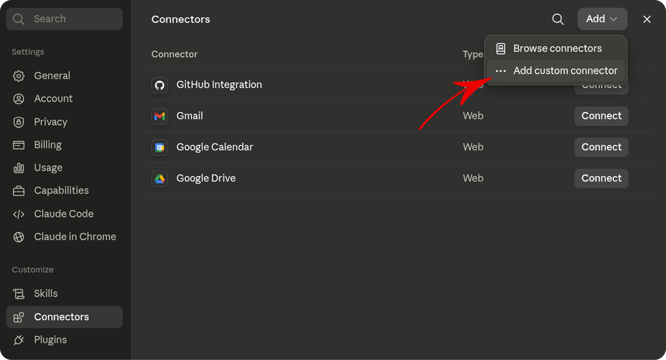 Claude web Connectors settings with the Add custom integration dialog and the OWOX MCP server URL entered