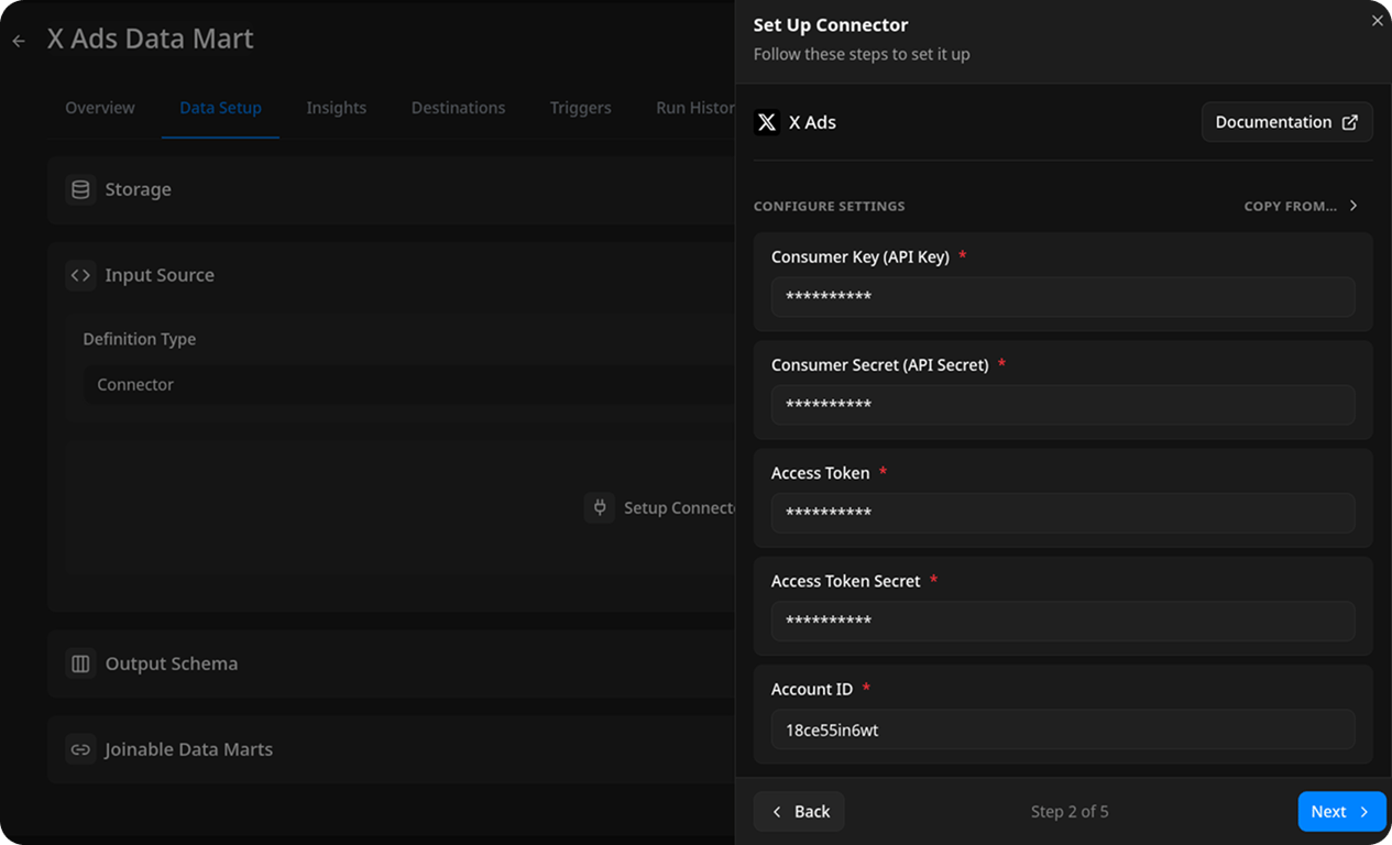 Set Up Connector panel for X Ads showing fields for Consumer Key, Consumer Secret, Access Token, Access Token Secret, and Account ID