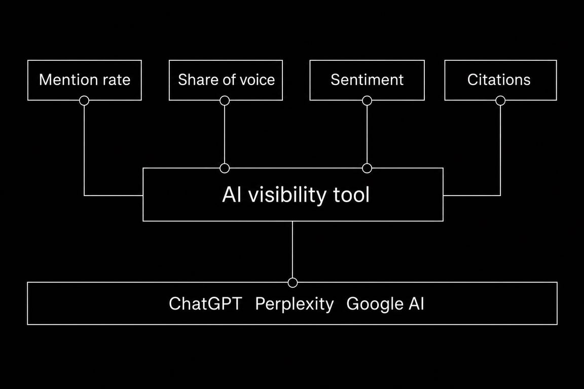 Qué sigue una herramienta de visibilidad en IA: tasa de menciones, cuota de voz, sentimiento y citas en los motores de IA
