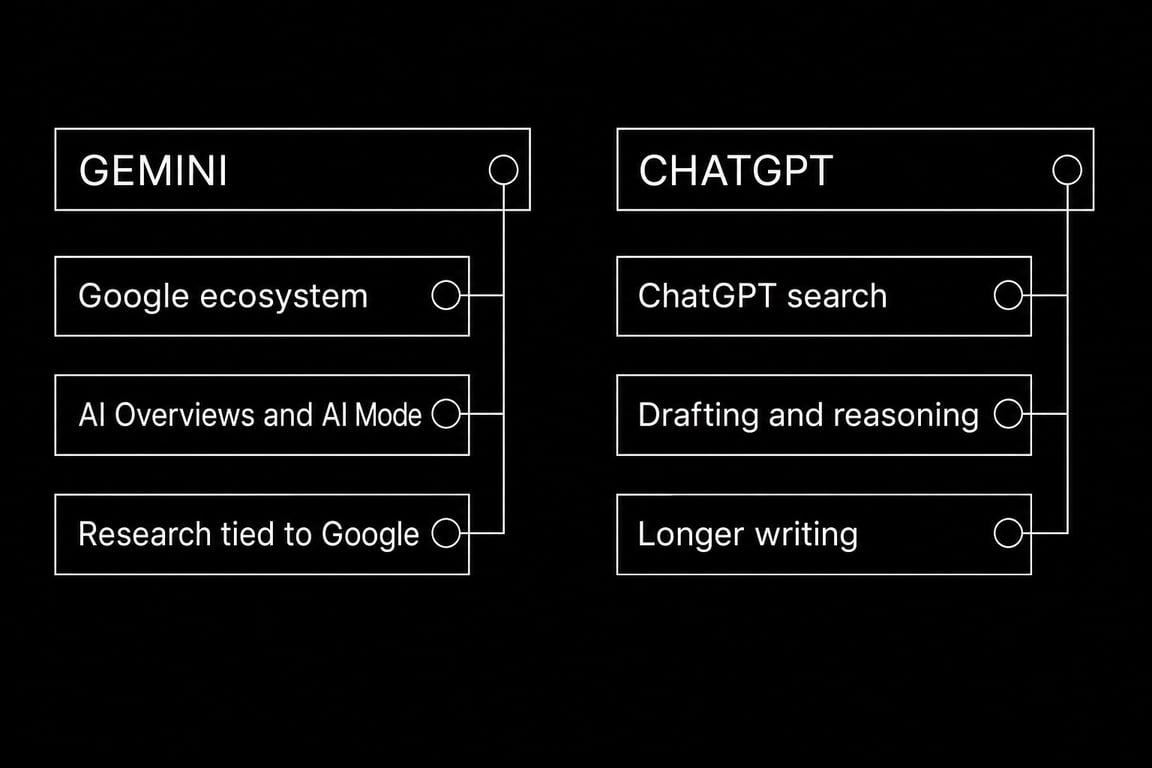 Gemini frente a ChatGPT para SEO comparados por ecosistema, superficie de búsqueda y mejor uso