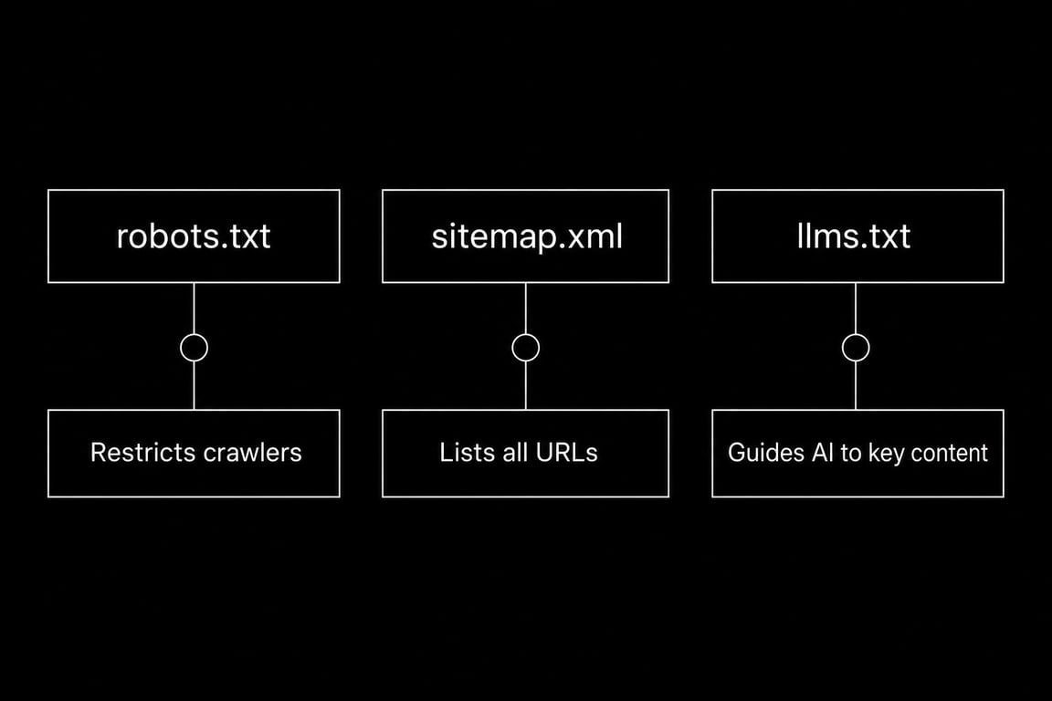 robots.txt frente a sitemap.xml frente a llms.txt: restringir rastreadores, listar todas las URL, guiar a la IA hacia el contenido clave