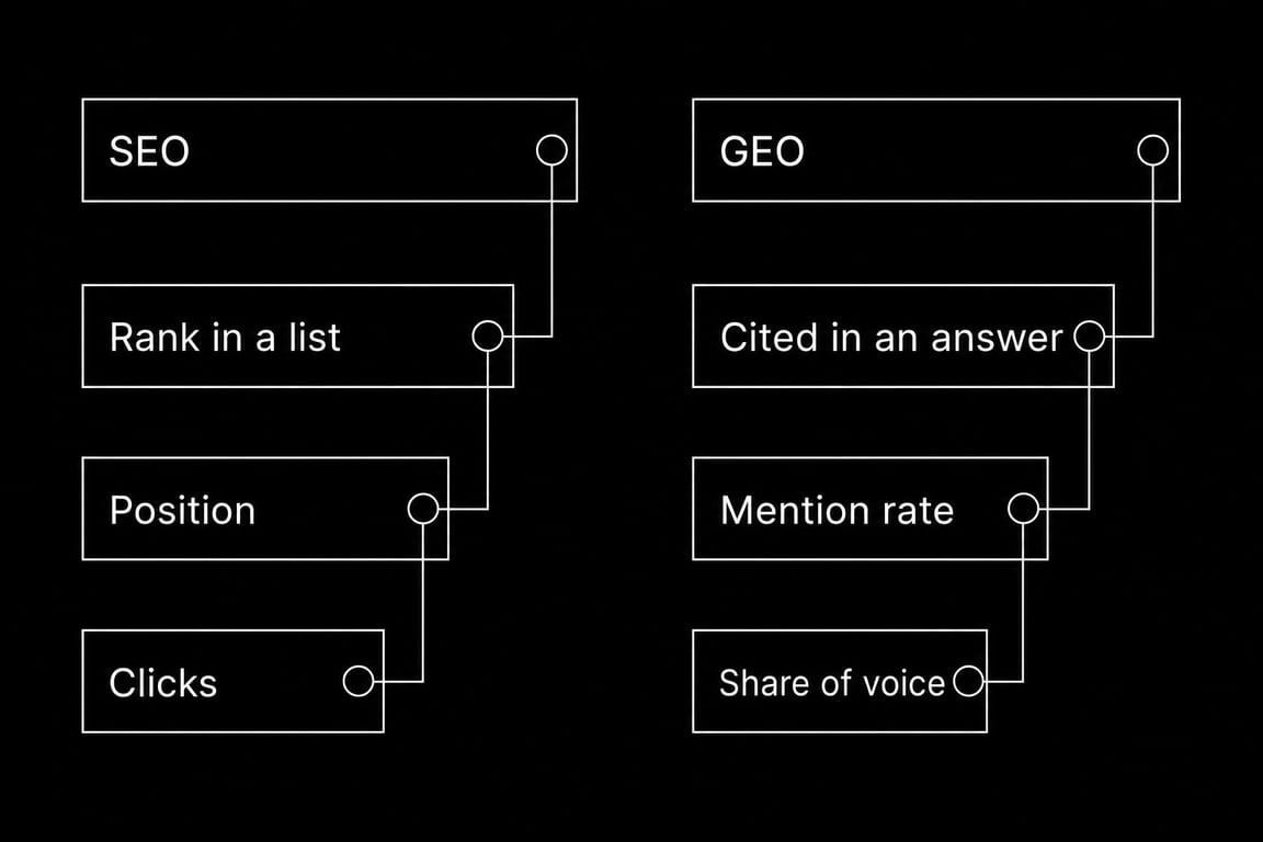 SEO frente a GEO comparados: posición, ranking y clics frente a citas, tasa de menciones y cuota de voz