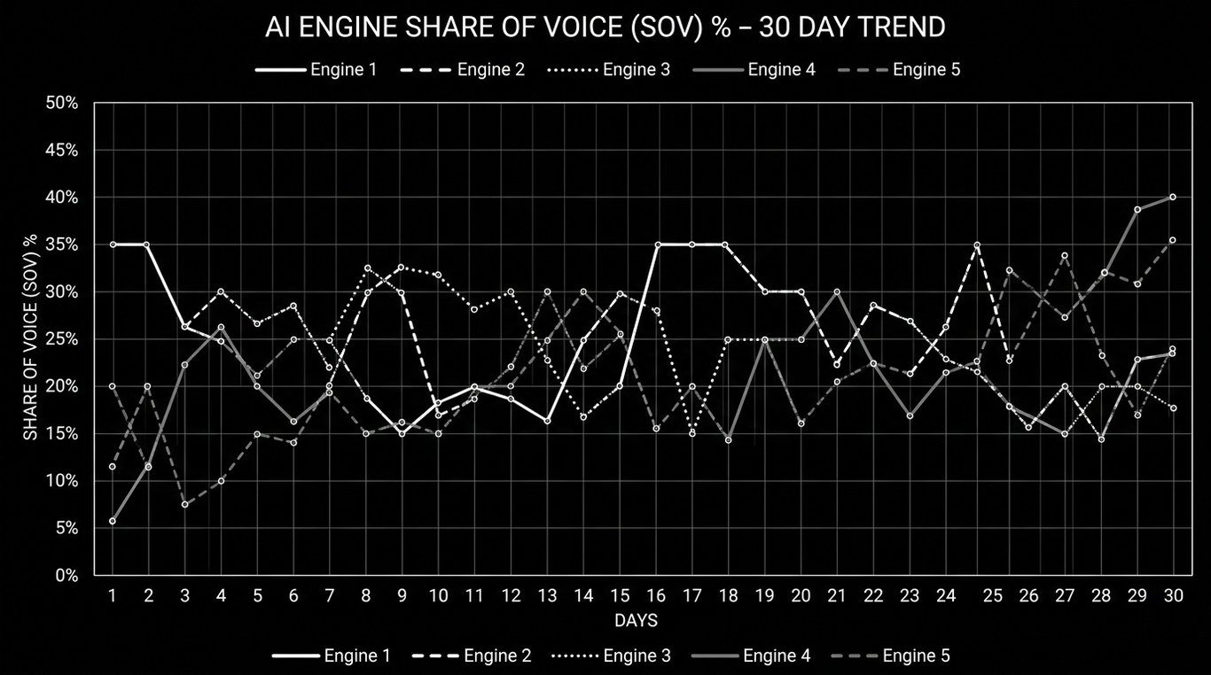 Tendencia de la cuota de voz en IA durante 30 días en 5 motores