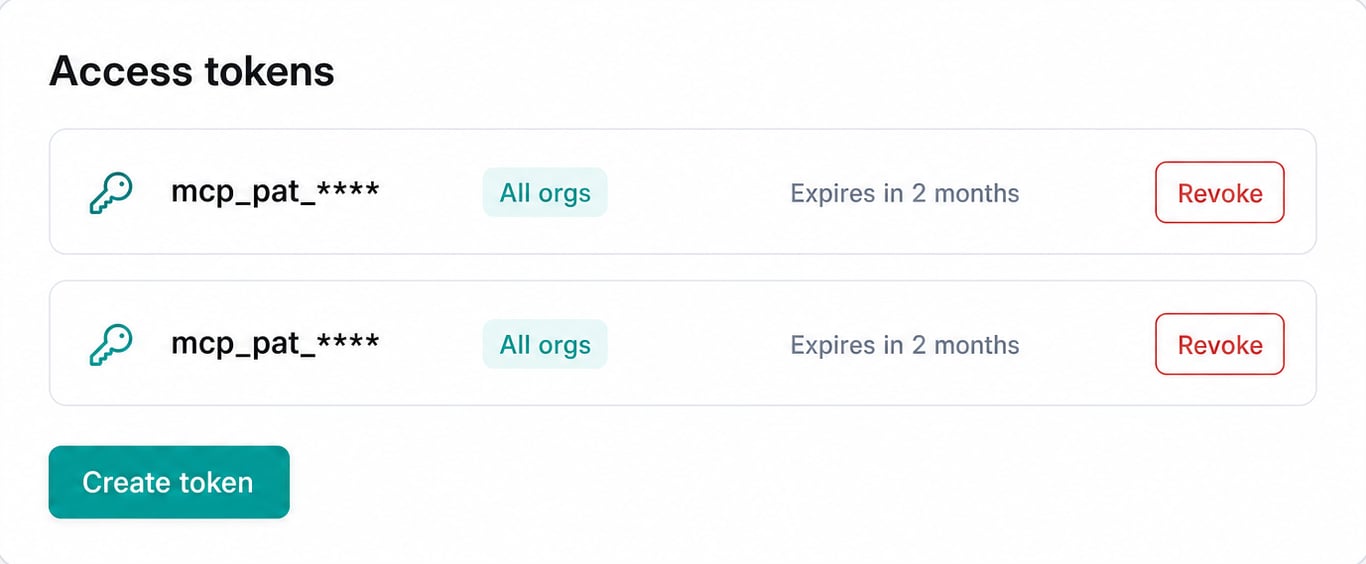 Ilustración de Tokens de acceso seguros que tú creas y revocas