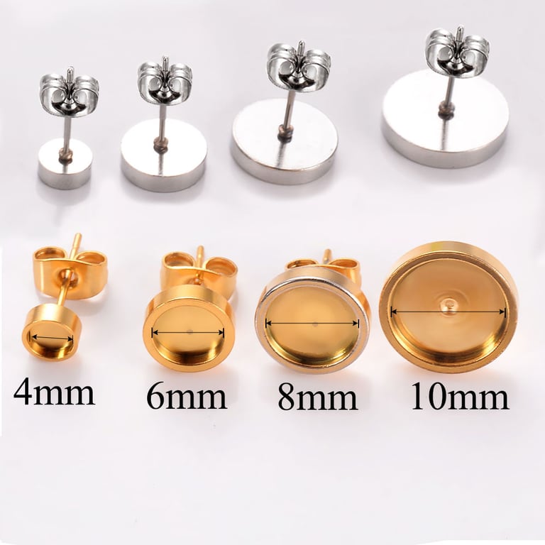 Stainless Steel Earring Settings Lot - 30 Pieces in 4mm, 6mm, 8mm, 10mm Sizes for DIY Jewelry Making - Resin Cabochon Tray Design for Easy Customization - Durable and Versatile Flat Stud Bases - Great Value for Crafters and Beginners