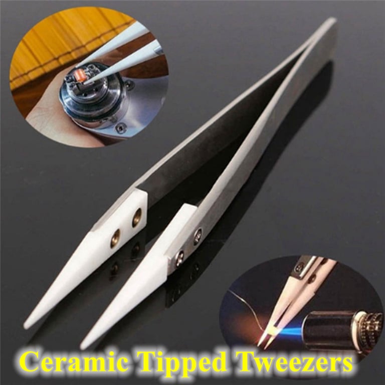 Precision Ceramic Tipped Stainless Steel Tweezers for Electronic Soldering and Delicate Components Handling - Heat Resistant, Non-Conductive, Fine Pointed Tips for Circuit Board Repairs and Surface-Mount Soldering - Durable and Corrosion-Resistant Tool for Intricate Work