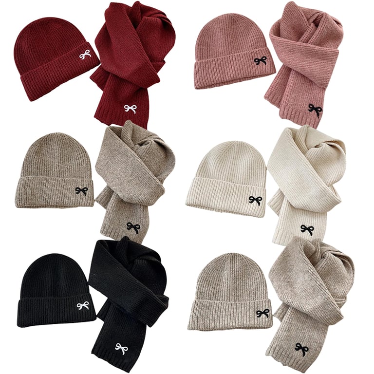 2PCS Korean Kids Knitted Hats Scarfs Suit with Cute Bow Embroidered Design, Premium Quality Material, Adjustable Fit, Unisex Design - Winter Warmth and Style for Boys and Girls, Soft and Cozy Cold Weather Accessories