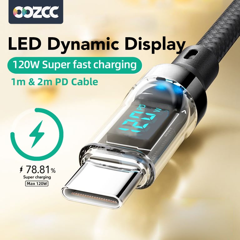 OOZCC LCD Watt Display Cable - 120W High-Speed Charging & Data Transfer - USB Type C Compatible - USB A to Lightning Connector - Real-Time LCD Display for Efficiency & Safety - iPhone 14 Pro Max & Apple Device Compatible