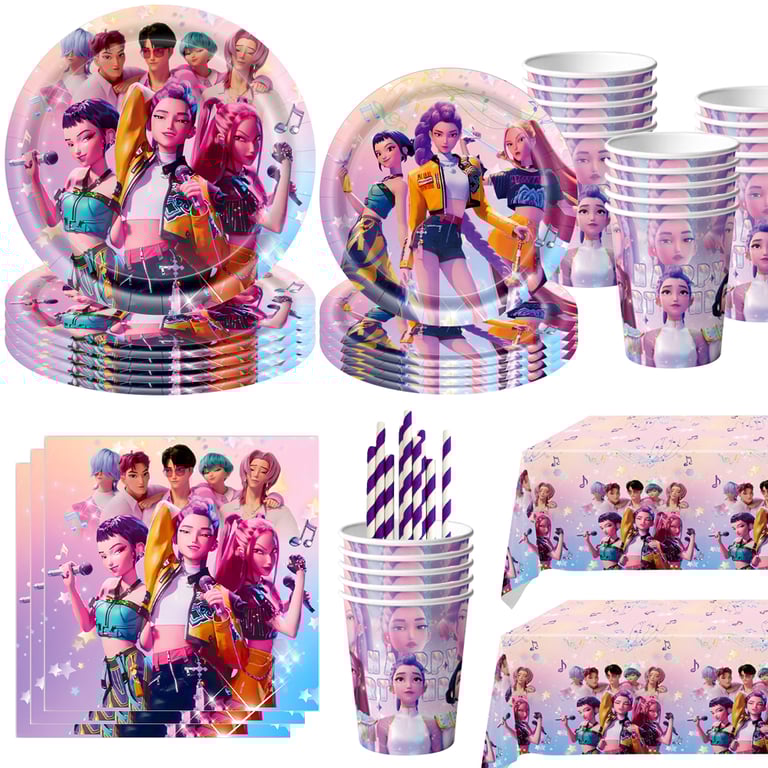 Demon Hunters Birthday Party Supplies Set - Korean Kpop Anime Theme Tableware, Banner, Decorations, Cake Topper, Balloons - All-Inclusive Package for Girls and Kids - High-Quality Materials, Easy to Set Up - Perfect for Anime Fans