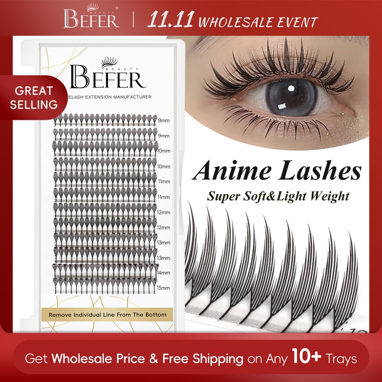 Befer Beauty Anime Lashes 240 Clusters: Manga Style Feather Lash Flora Cat Eye Eyelashes, 8-15mm Length Range, C/D Curl Lash Extensions - High-Quality Supplier for Dramatic and Elegant Eye Makeup Looks, Professional Finish for Beauty Enthusiasts and Artists