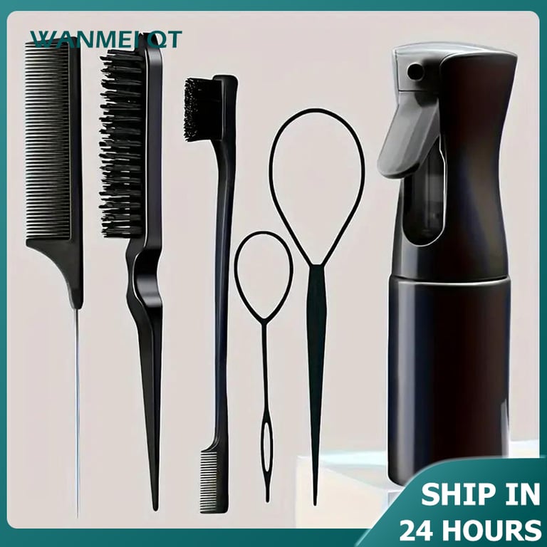 Professional 4-Piece Hair Styling Comb Set for Precision Grooming and Styling - Rat Tail Comb, Edge Brush, Smooth Black Brush, and Barber Styling Tools - High-Quality Materials, Suitable for All Hair Types, Ergonomic Design for Professional and Personal Use