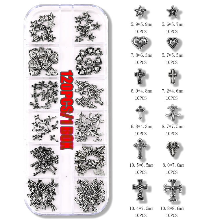 120-Piece Premium Metal Nail Art Patches Set with Cross and Heart Designs - European American Dark Vintage Style for Easy Application and Endless Creativity - High-Quality and Durable Decorative Accessories for Stunning Nail Designs - Versatile and Trendy Y2K Style Nail Art Decorations