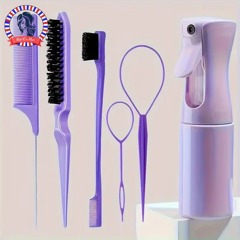 Professional 6-Piece Hair Styling Set with Spray Bottle, Rat Tail Comb, Teasing Brush, Edge Brush, Braiding Loop, and Curly Hair Accessories - Ergonomic Design, Compact and Travel-Friendly, High-Quality Materials for Easy and Versatile Styling at Home or On-The-Go