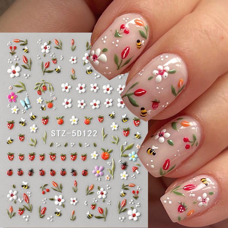 5D Embossed Ladybug and Daisy Nail Stickers for DIY Nail Art - Easy Application, Waterproof, Long-Lasting, Elegant Petals and Wedding Design, High-Quality Materials - Perfect Accessory for Creative and Stylish Nails