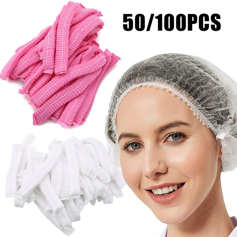 Disposable Non-Woven Hair Head Caps - Pack of 50/100 for Eyelash Extensions, Makeup, Showering - Dustproof Design, Secure Fit, Multi-Purpose Use - Durable, Lightweight, Breathable Material - Ideal for Salons, Spas, Beauty Centers, Hygienic Packaging for On-the-Go Use