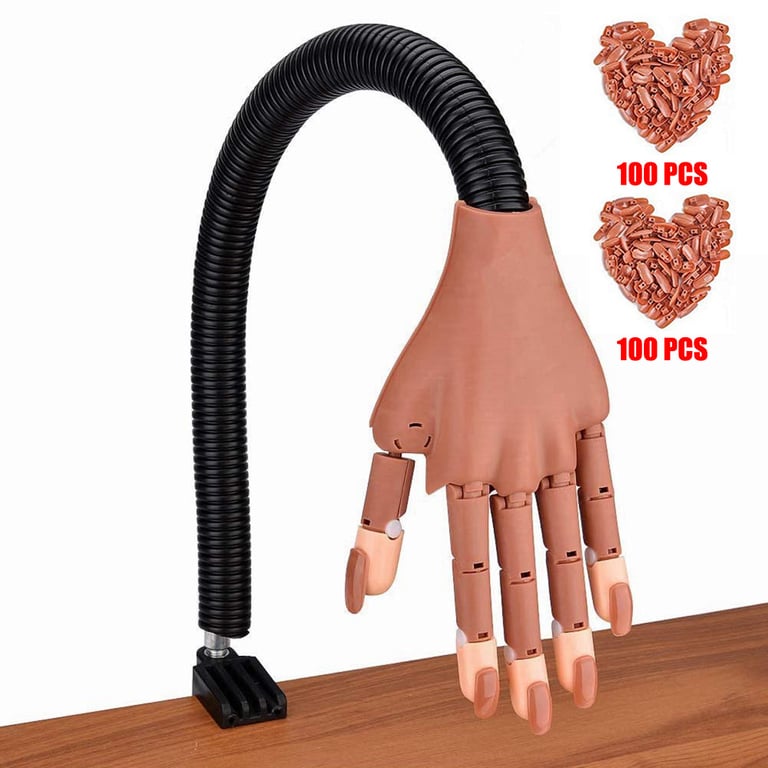 Adjustable and Flexible Realistic Nail Manicure Hand with Movable Base and 100 Nail Tips - Durable High-Quality Practice Hand for Acrylic Nails, Beginners and Professionals - Perfect for Nail Art Techniques and Designs Experimentation