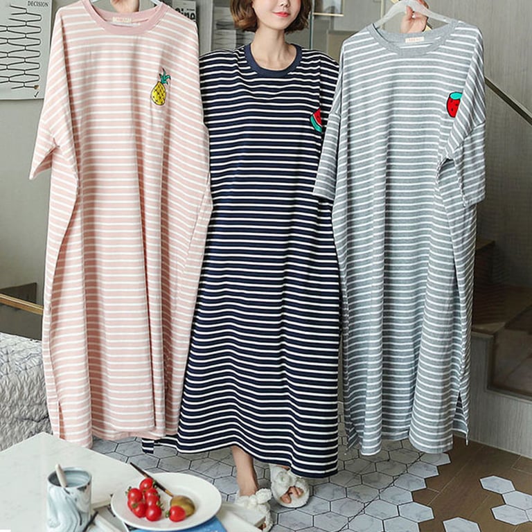 Striped Cartoon Homewear Plus Size Summer Pajama Dress with Short Sleeves and Long Length for Students - Comfortable and Stylish Loungewear in Soft Breathable Fabric - Trendy Design for Warm Nights and Everyday Wear, Easy to Wash and Durable for Added Coverage and Modest Look