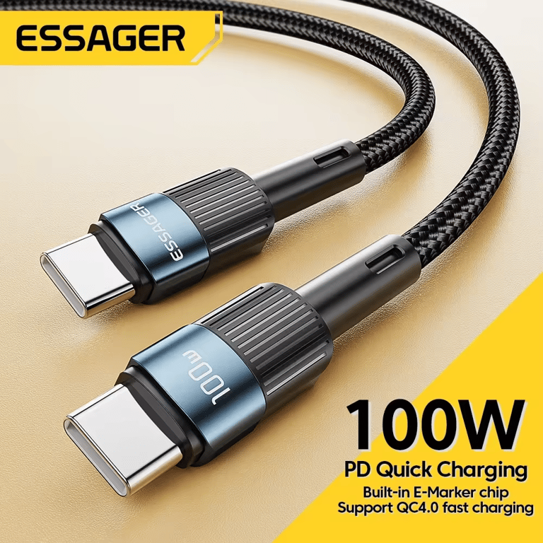 Essager 100W USB Type C to USB C Cable - Power Delivery Fast Charging, 3-Meter Durable Construction, Wide Compatibility with Macbook Samsung Xiaomi, High-Speed Data Transfer, Sleek Black Design - Ideal for Laptops Smartphones and More