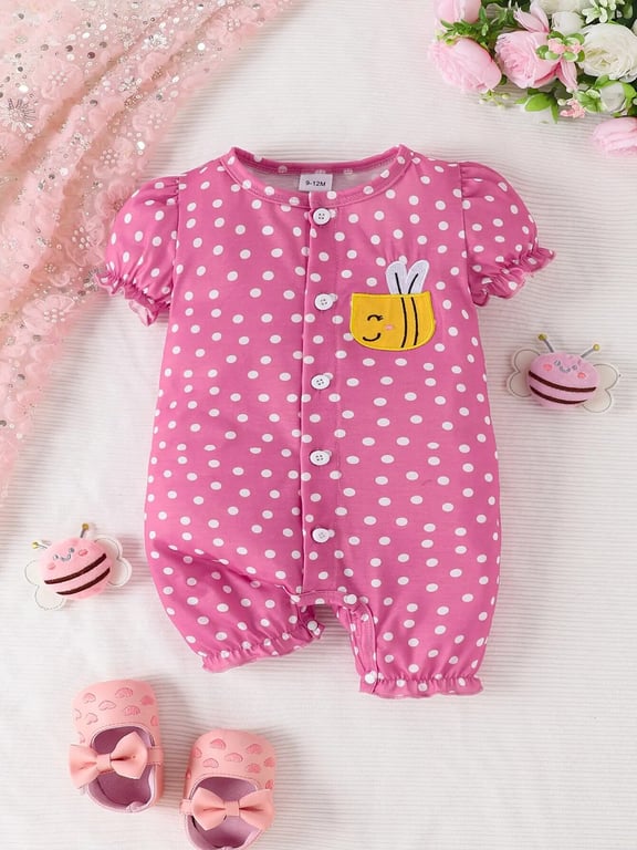 Adorable Polka Dot Newborn Baby Girl Jumpsuit with Breathable Fabric and Easy Snap Closure for Summer - Cute and Comfortable Short Sleeve Romper Perfect for Playdates and Outings