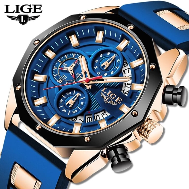 LIGE Fashion Men Watch with Silicone Strap and Chronograph Dial - Waterproof Quartz Movement Timepiece for Modern Men - Date Display and Top Brand Quality - Stylish and Functional Wristwatch for Sports and Outdoor Activities
