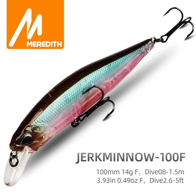 MEREDITH JERK MINNOW 100F Fishing Lure - Premium Quality Hard Bait for Professional Anglers - Versatile Floating Wobbler Design - 24 Vibrant Colors - Depth Range 0.8-1.0 Meters - Minnow Imitation for Predatory Fish - Freshwater and Saltwater Use