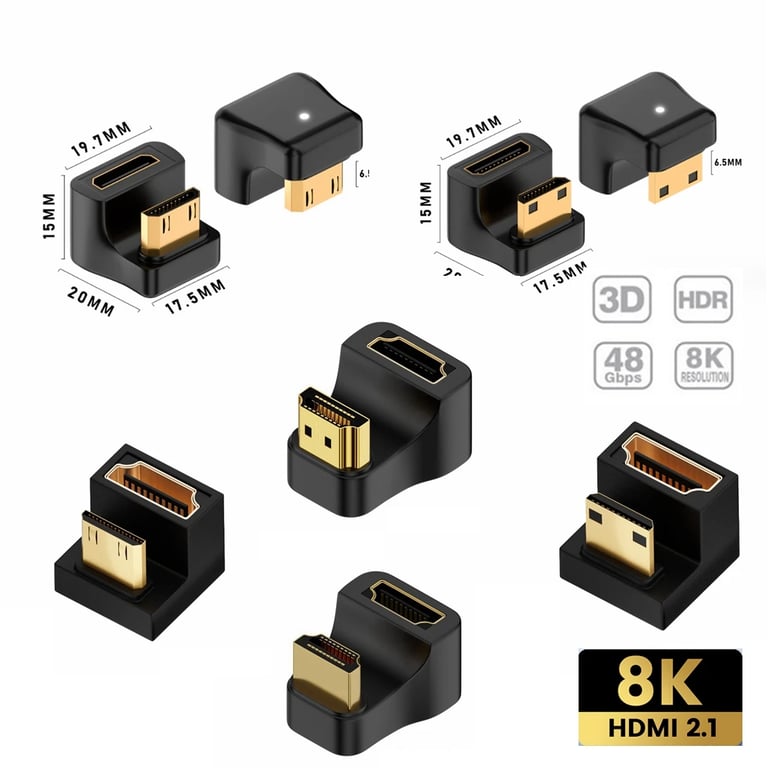 Premium 360 Degree Angled U-Shaped L Converter Mini HDMI Male to HDMI-compatible 2.1V Female Extension Adapter for 4K, 5K, 3D, UHD, and 8K Resolutions - Flexible Design for Tight Spaces, Smooth 60Hz Refresh Rate Performance, Compatible with Laptops, Gaming Consoles, Monitors