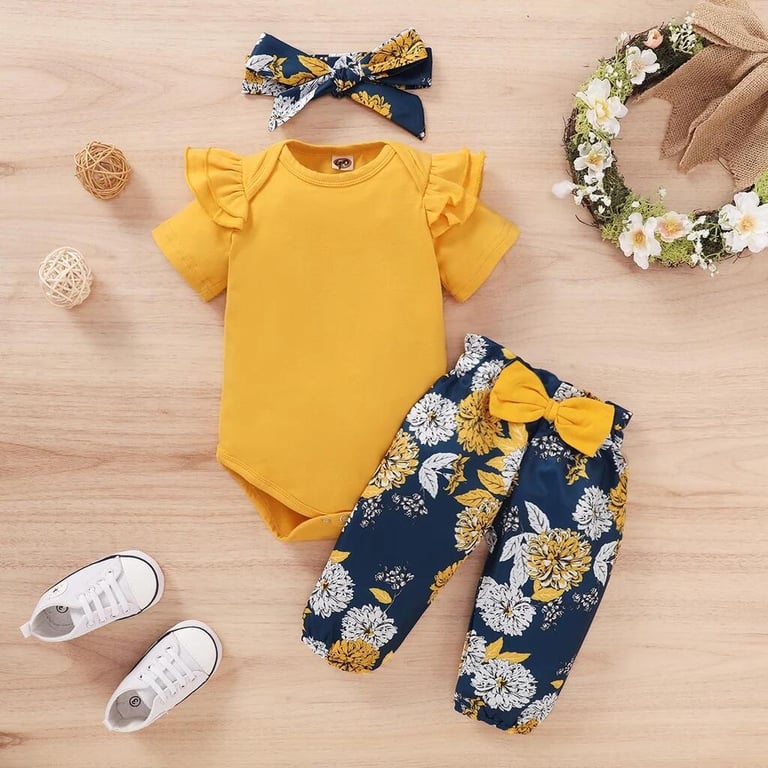 Adorable 3-Piece Newborn Baby Girl Outfit Set with Short Sleeve Bodysuit, Floral Pants, and Headband - Soft Cotton Blend Fabric, Cute Prints, Snap Closures, Elastic Waist, Perfect for Everyday Wear or Special Occasions - Gift for New Parents, Available in Various Sizes