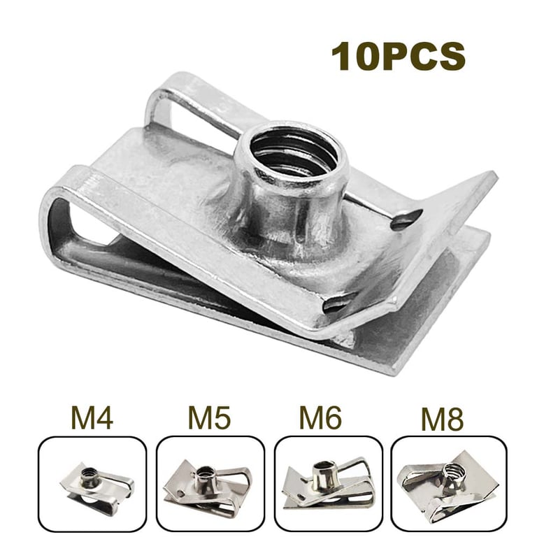 High-Quality Stainless Steel U Type Clips Plate Leaf Spring Nuts Set of 10 - M6, M5, M4, M8, 8mm, 5mm, 6mm, 4mm - Secure Fastening for Cars, Motorcycles, Scooters, ATVs - Rust and Corrosion Resistant - Easy Installation for Automotive and Mechanical Projects