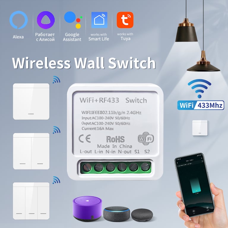 Tuya WiFi Smart Light Switch with Wireless RF 433mhz Push Button for Alexa, Google Home, Alice - Easy Integration, User-Friendly App, Enhanced Convenience, Energy Savings, Security - Smart Life App Control, Schedules, Scenes, Automation - Remote Lighting Control, Connected Home Experience