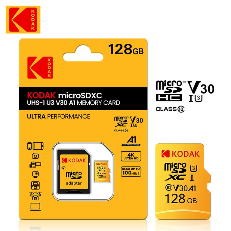 Kodak 128GB Micro SD Card Class 10 V30 U3 - High Capacity Storage for Driving Recorders, Cameras, Smartphones, Tablets - Fast Data Transfer, Smooth 4K Video Recording, Reliable Performance in Harsh Conditions