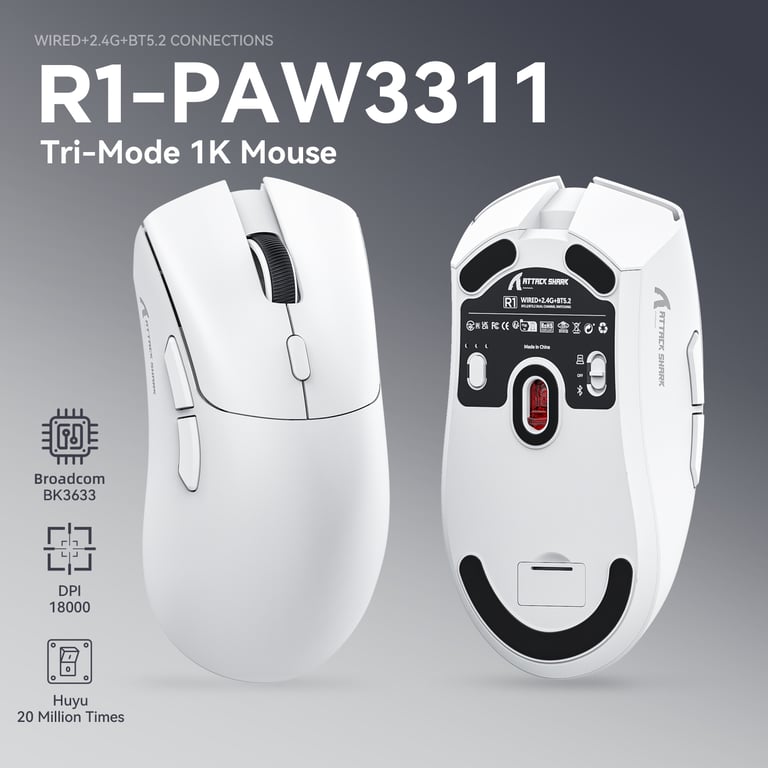 Attack Shark R1 Bluetooth Mouse with 18000dpi Precision Sensor, PAW3311 for Gaming, Tri-mode Connection, Macro Buttons, 1000Hz Polling Rate - Ultimate Gaming Mouse for Unparalleled Accuracy and Responsiveness