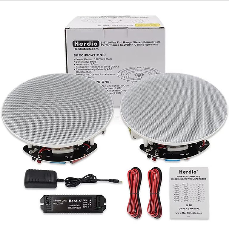Herdio 2PCS 6.5 Inch Home Audio 300W Ceiling Bluetooth Speaker System - Crystal Clear Sound Quality, Bluetooth Connectivity, Sleek Design, Easy Installation, Versatile Application - Ideal for Kitchen, Bedroom, Bathroom - Immersive Audio Experience with Wireless Streaming Capability