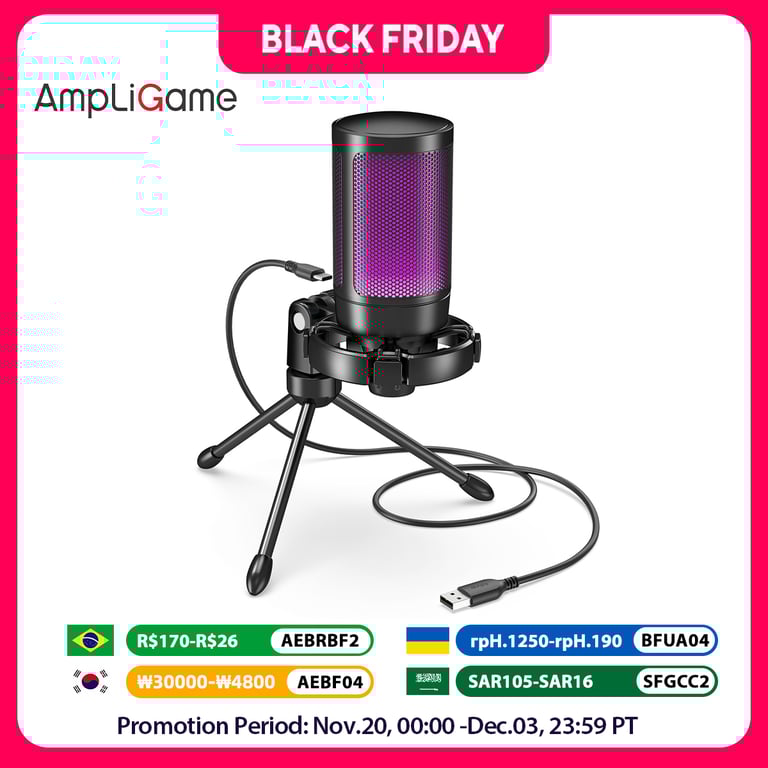 AmpliGame by FIFINE RGB USB Gaming Microphone with Crystal Clear Sound, Customizable RGB Lighting, Light-Touch Mute Button, Sturdy Tripod Stand, Wide Compatibility - Professional-Grade Mic for Gaming, Streaming, Video Calls, PC, PS4, PS5, Laptops