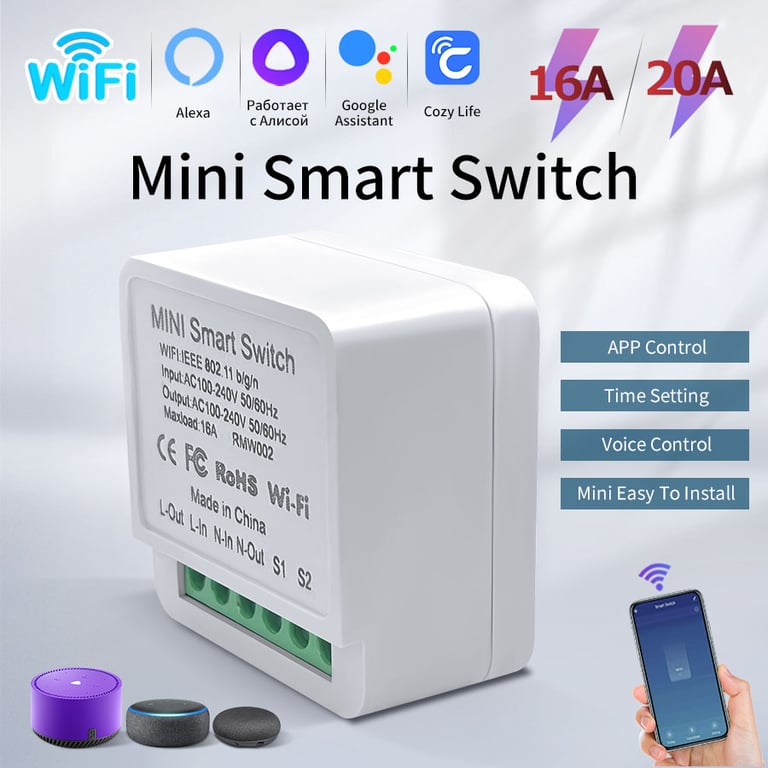 16A/20A WiFi Mini Smart Switch Module with 2-Way Control, Voice Control Compatible with Alexa and Google Home, Remote Access, User-Friendly Cozy Life APP, Easy Installation for Smart Home Automation and Energy Management