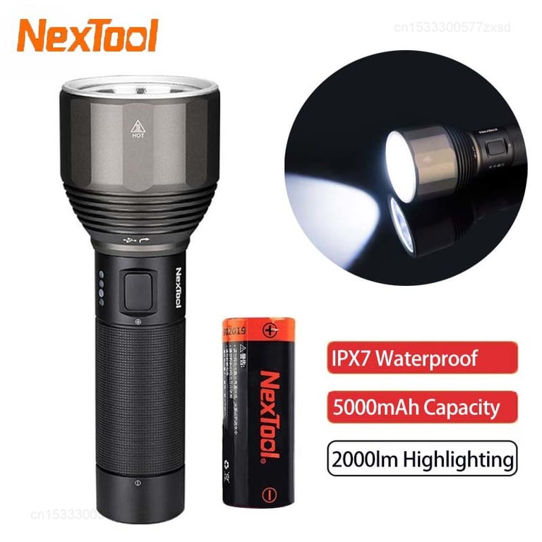 NexTool 2000 Lumens Rechargeable Flashlight with 380m Beam Distance, 5 Lighting Modes, Waterproof, and Portable for Camping, Hiking, and Search Operations